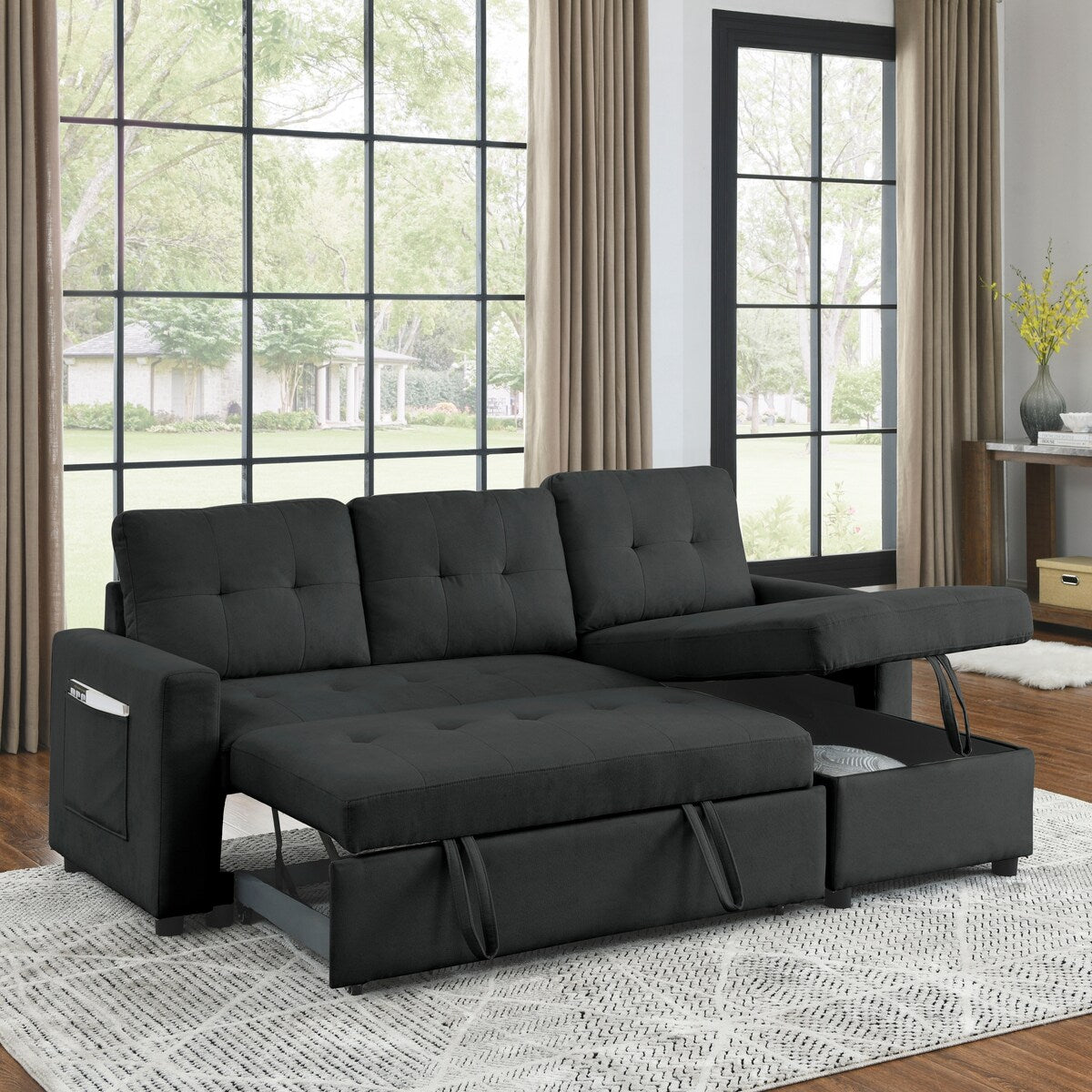 78.5-inch Beige Reversible Sleeper Sectional Sofa with Storage Chaise and Side Storage Bag - 78.5"W x 49"D x 31"H