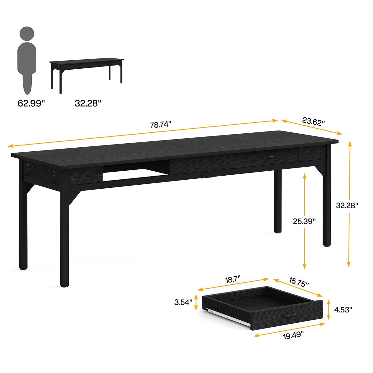 78.7" Extra Long Computer Desk, Two Person Large Desk with 2 Drawers