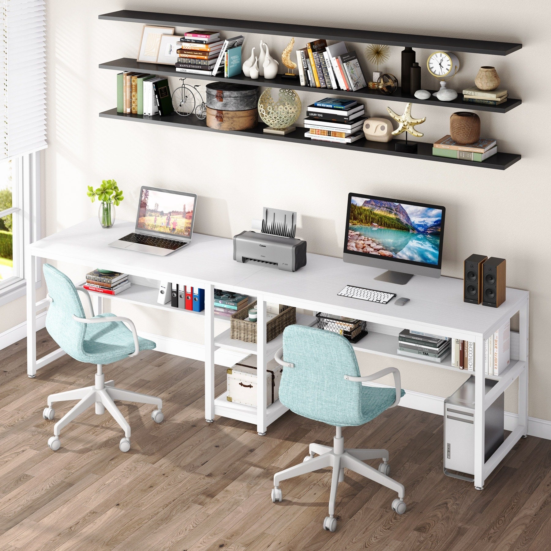 78.7 Two Person Desk Double Desk with Bookshelf