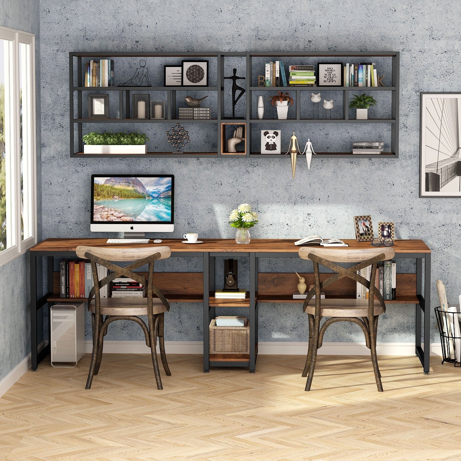 78.7 Two Person Desk Double Desk with Bookshelf Overstock