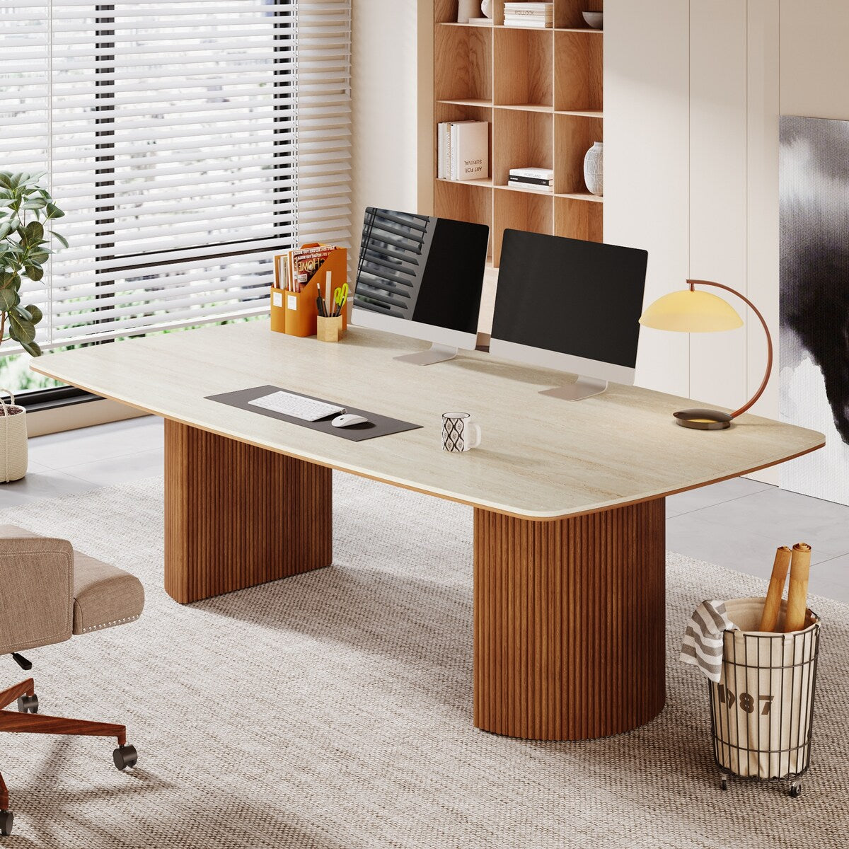 78.8-inch Large Executive Desk Home Office Desks with Travertine Slab Top for Study Room Office