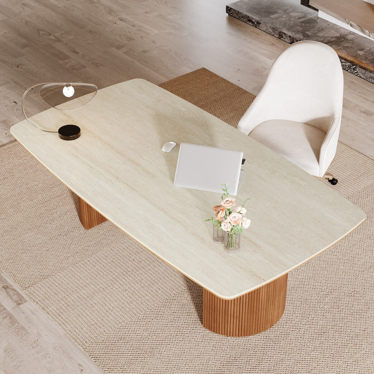 78.8-inch Large Executive Desk Home Office Desks with Travertine Slab Top for Study Room Office