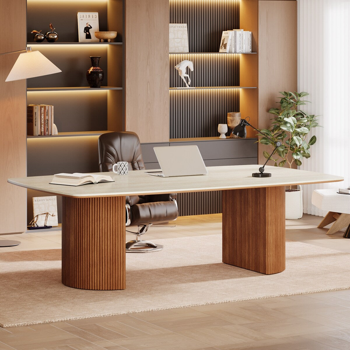 78.8-inch Large Executive Desk Home Office Desks with Travertine Slab Top for Study Room Office