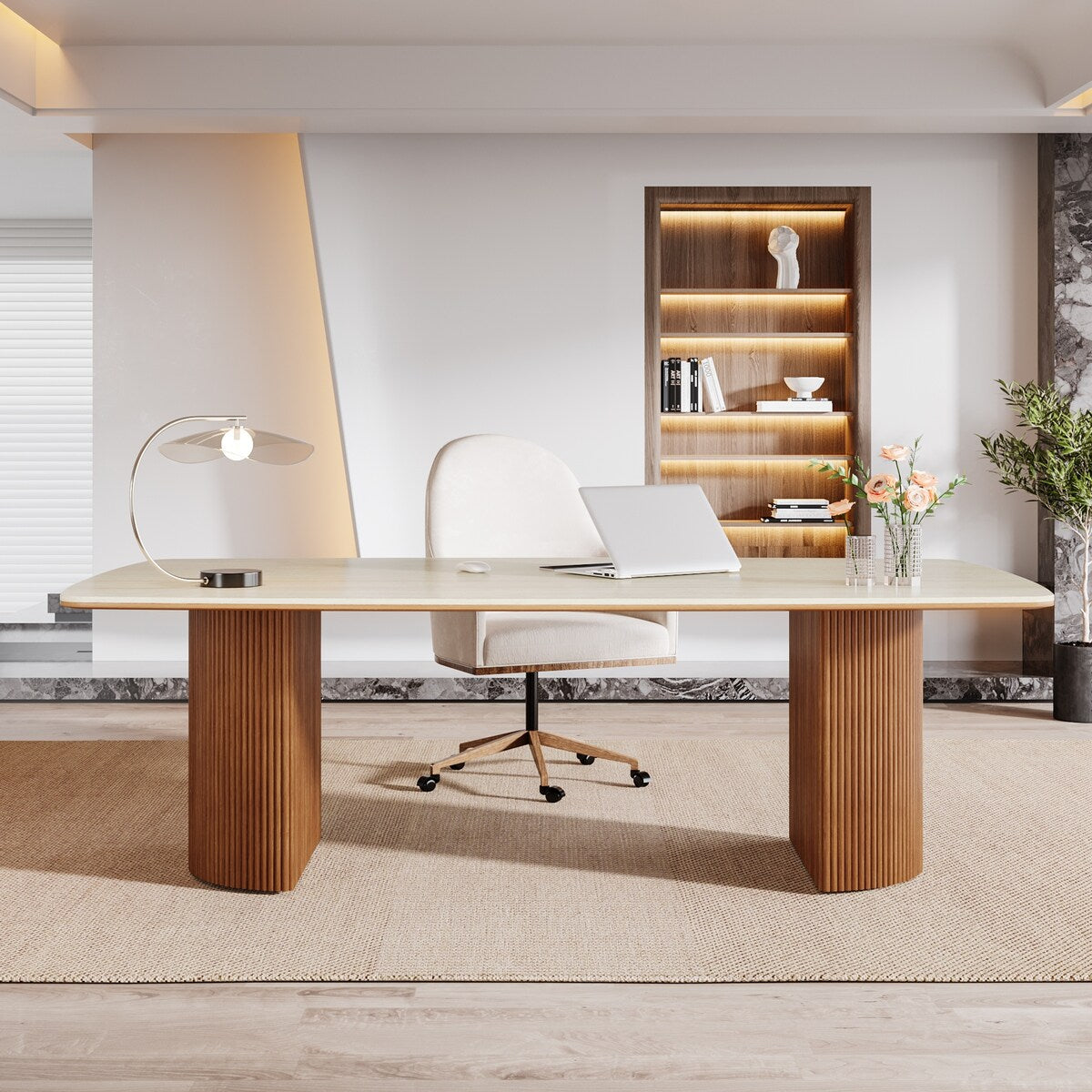 78.8-inch Large Executive Desk Home Office Desks with Travertine Slab Top for Study Room Office