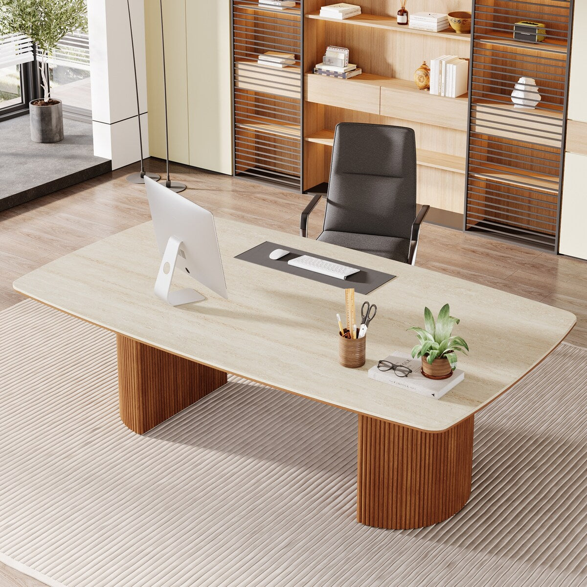 78.8-inch Large Executive Desk Home Office Desks with Travertine Slab Top for Study Room Office