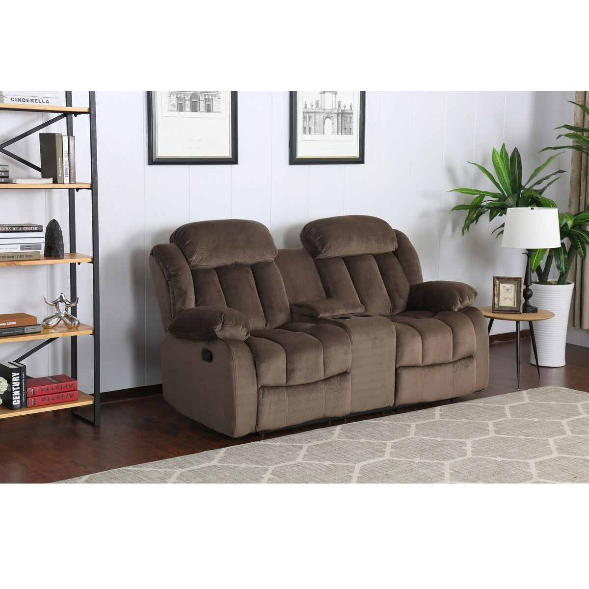 78" brown teddy bear microsuede fabric reclining loveseat with console
