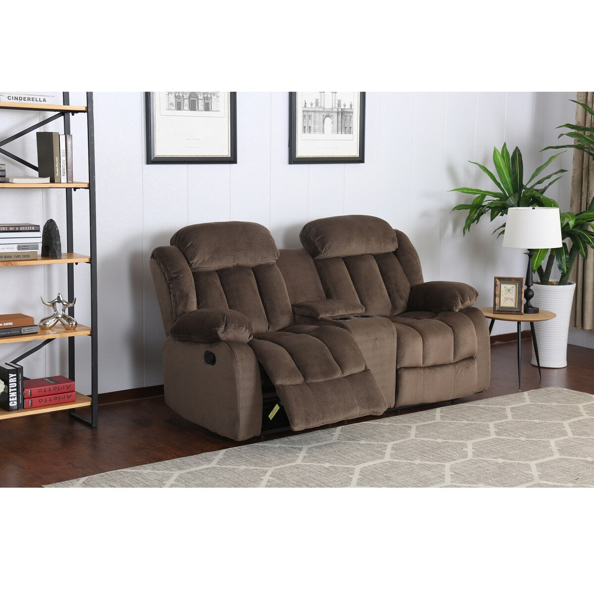 78" brown teddy bear microsuede fabric reclining loveseat with console