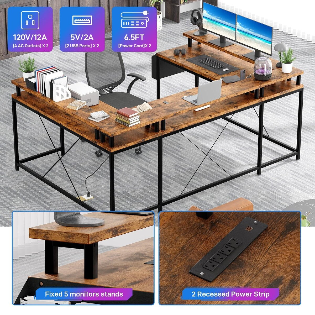 79 Inch Large Corner Office Desk with Monitor Stands