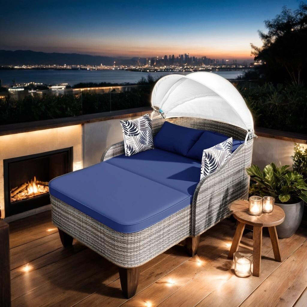 79.9" Outdoor Sunbed with Adjustable Canopy, Daybed With Pillows, Double lounge, PE Rattan Daybed, Gray Wicker and Blue Cushion