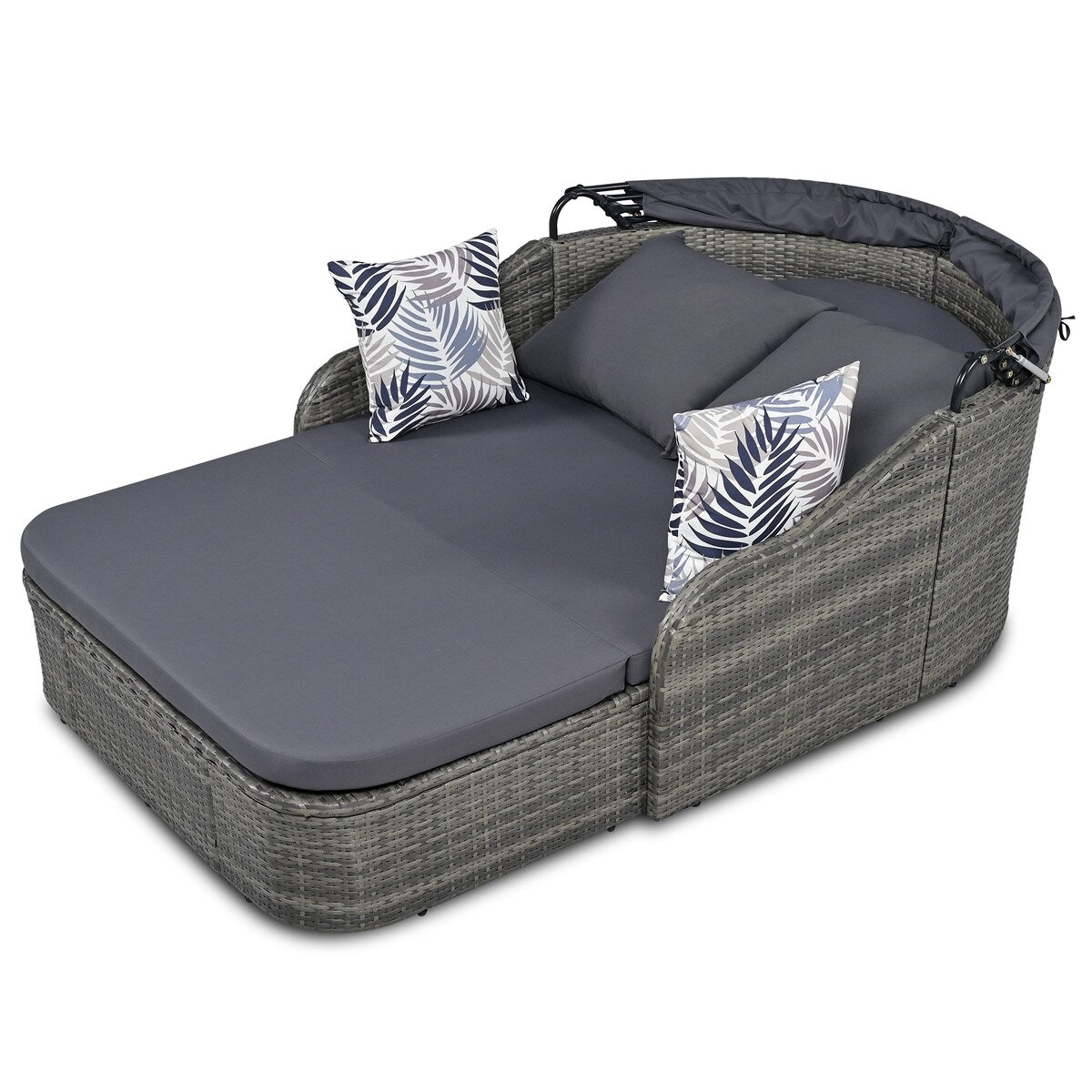 79.9" Outdoor Sunbed with Adjustable Canopy, Daybed With Pillows, Double lounge, PE Rattan Daybed, Gray Wicker and Blue Cushion