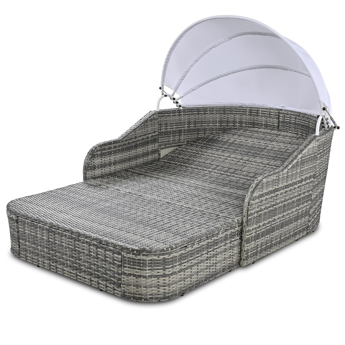 79.9" Outdoor Sunbed with Adjustable Canopy, Daybed With Pillows, Double lounge, PE Rattan Daybed, Gray Wicker and Blue Cushion