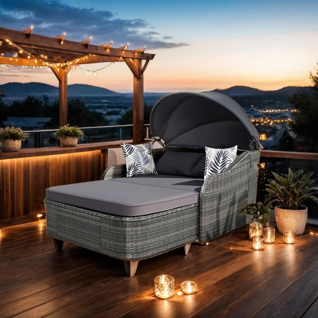 79.9" Outdoor Sunbed with Adjustable Canopy, Daybed With Pillows, Double lounge, PE Rattan Daybed, Gray Wicker and Blue Cushion