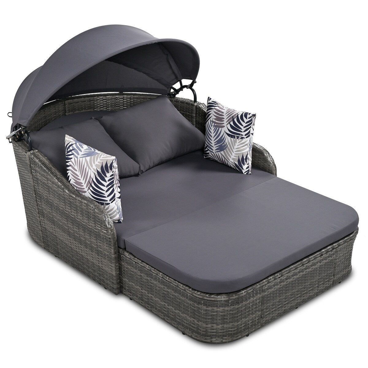 79.9" Outdoor Sunbed with Adjustable Canopy, Daybed With Pillows, Double lounge, PE Rattan Daybed, Gray Wicker and Blue Cushion