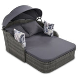 79.9" Outdoor Sunbed with Adjustable Canopy, Daybed With Pillows, Double lounge, PE Rattan Daybed, Gray Wicker and Blue Cushion