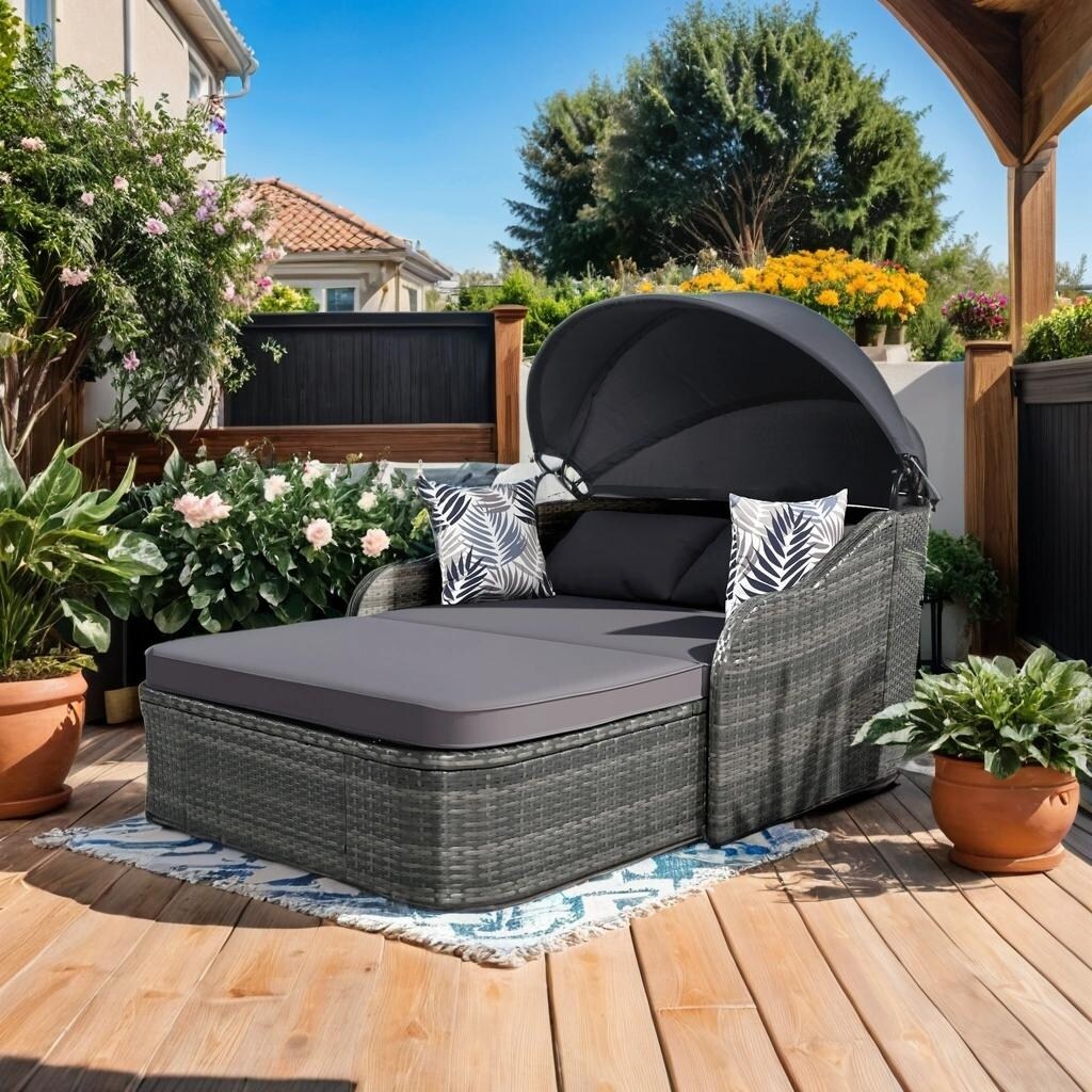 79.9" Outdoor Sunbed with Adjustable Canopy, Daybed With Pillows, Double lounge, PE Rattan Daybed, Gray Wicker and Blue Cushion