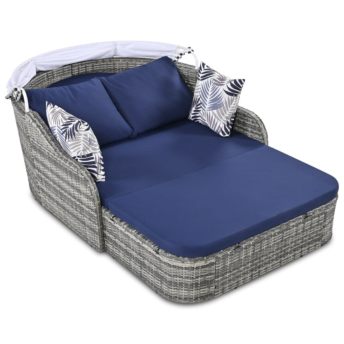 79.9" Outdoor Sunbed with Adjustable Canopy, Daybed With Pillows, Double lounge, PE Rattan Daybed, Gray Wicker and Blue Cushion