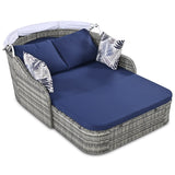 79.9" Outdoor Sunbed with Adjustable Canopy, Daybed With Pillows, Double lounge, PE Rattan Daybed, Gray Wicker and Blue Cushion