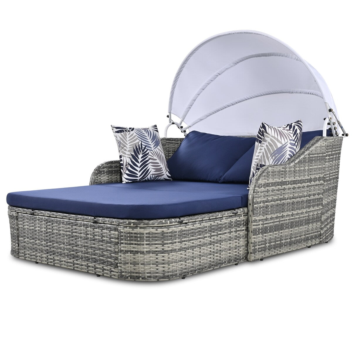 79.9" Outdoor Sunbed with Adjustable Canopy, Daybed With Pillows, Double lounge, PE Rattan Daybed, Gray Wicker and Blue Cushion