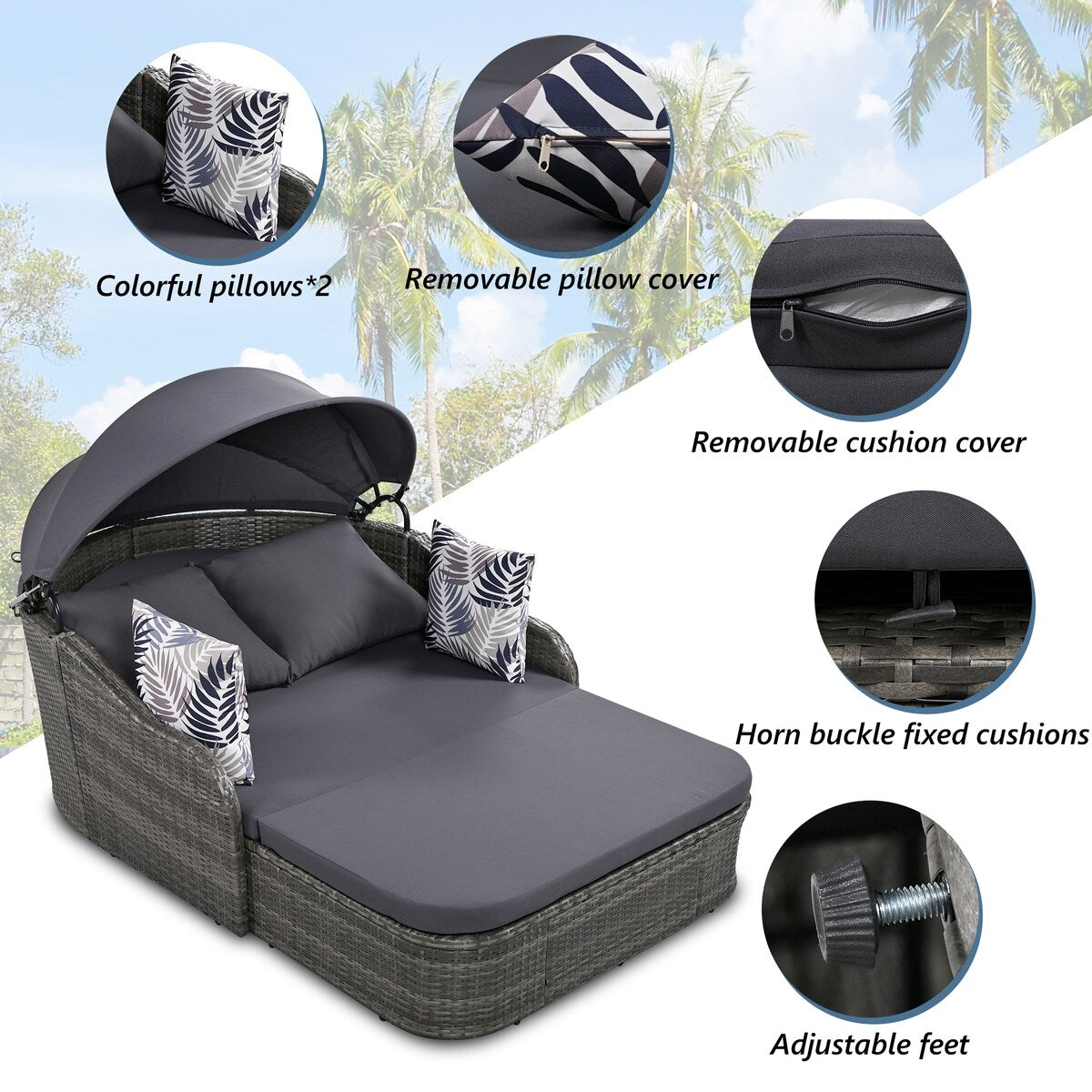 79.9" Outdoor Sunbed with Adjustable Canopy, Daybed With Pillows, Double lounge, PE Rattan Daybed, Gray Wicker and Blue Cushion