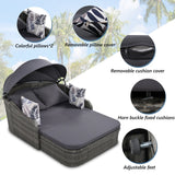 79.9" Outdoor Sunbed with Adjustable Canopy, Daybed With Pillows, Double lounge, PE Rattan Daybed, Gray Wicker and Blue Cushion