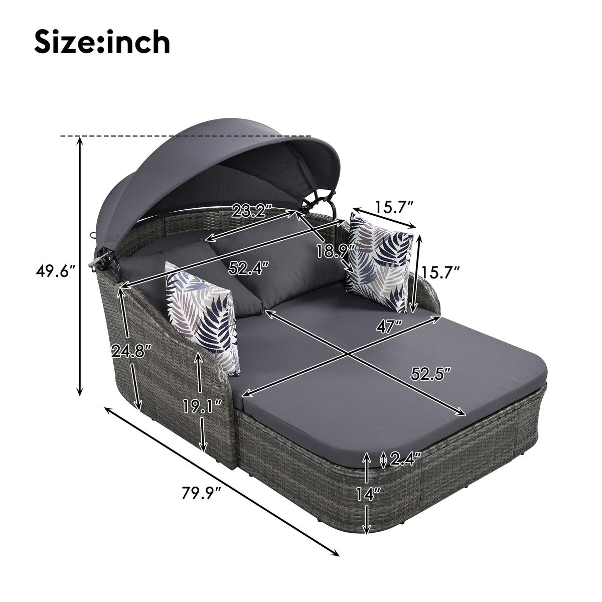 79.9" Outdoor Sunbed with Adjustable Canopy, Daybed With Pillows, Double lounge, PE Rattan Daybed, Gray Wicker and Blue Cushion
