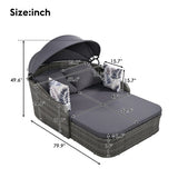 79.9" Outdoor Sunbed with Adjustable Canopy, Daybed With Pillows, Double lounge, PE Rattan Daybed, Gray Wicker and Blue Cushion