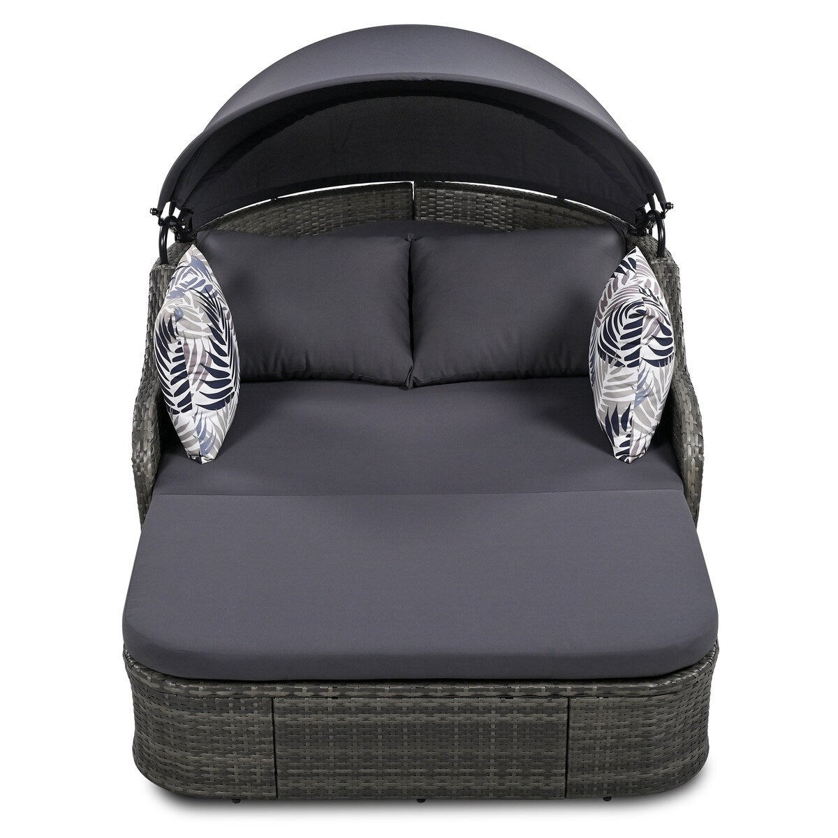 79.9" Outdoor Sunbed with Adjustable Canopy, Daybed With Pillows, Double lounge, PE Rattan Daybed, Gray Wicker and Blue Cushion