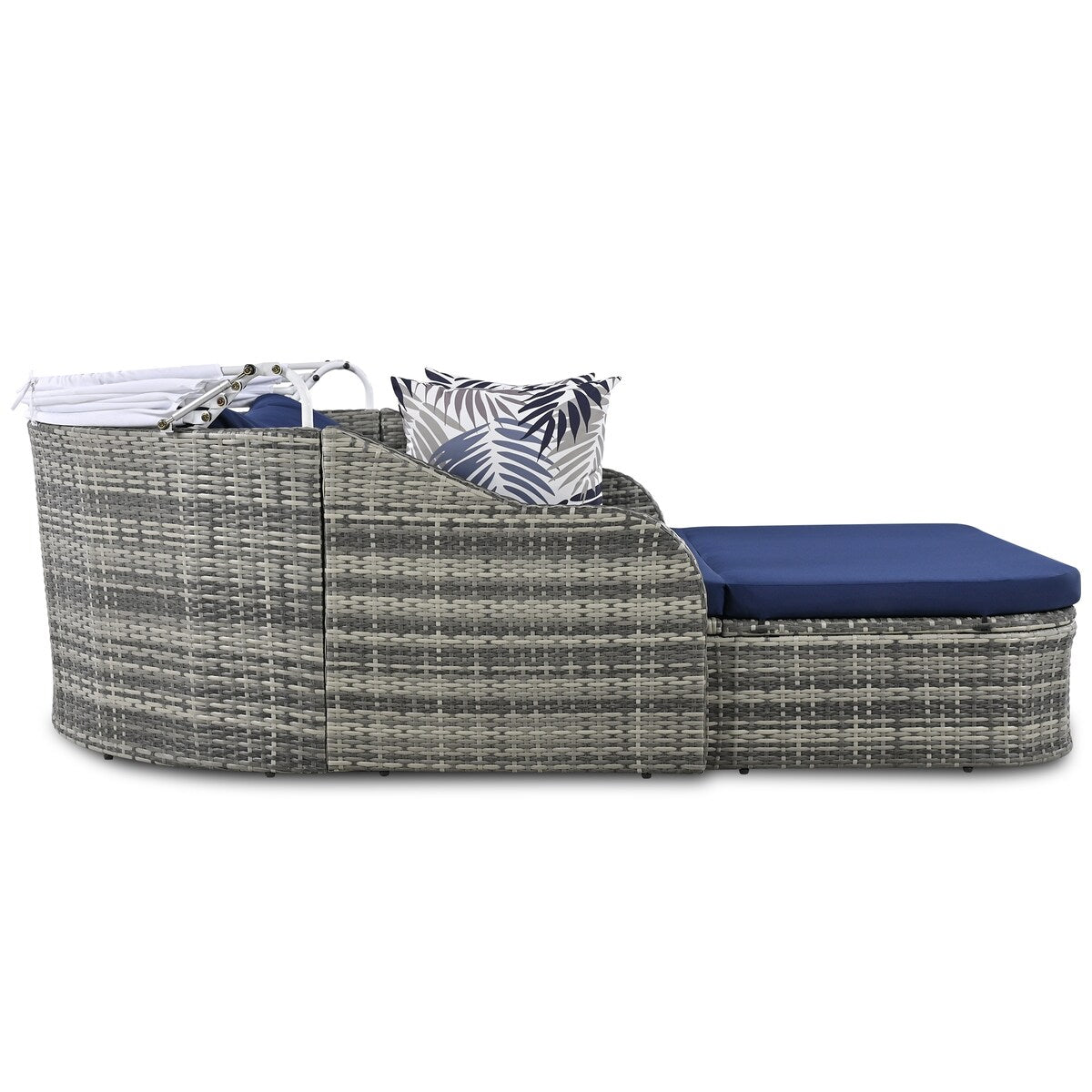 79.9" Outdoor Sunbed with Adjustable Canopy, Daybed With Pillows, Double lounge, PE Rattan Daybed, Gray Wicker and Blue Cushion