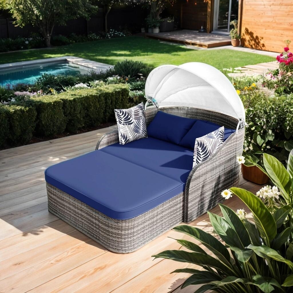 79.9" Outdoor Sunbed with Adjustable Canopy, Daybed With Pillows, Double lounge, PE Rattan Daybed, Gray Wicker and Blue Cushion