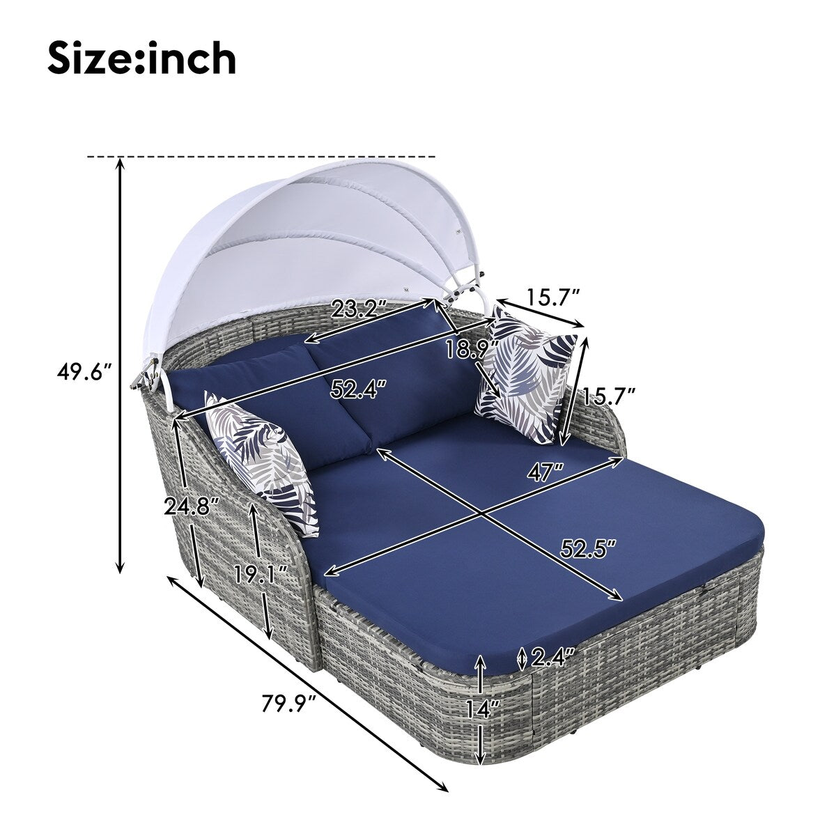 79.9" Outdoor Sunbed with Adjustable Canopy, Daybed With Pillows, Double lounge, PE Rattan Daybed, Gray Wicker and Blue Cushion