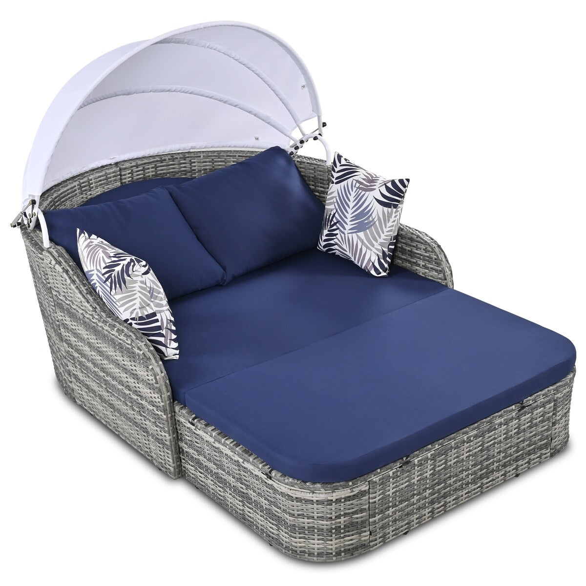 79.9" Outdoor Sunbed with Adjustable Canopy, Daybed With Pillows, Double lounge, PE Rattan Daybed, Gray Wicker and Blue Cushion