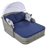 79.9" Outdoor Sunbed with Adjustable Canopy, Daybed With Pillows, Double lounge, PE Rattan Daybed, Gray Wicker and Blue Cushion
