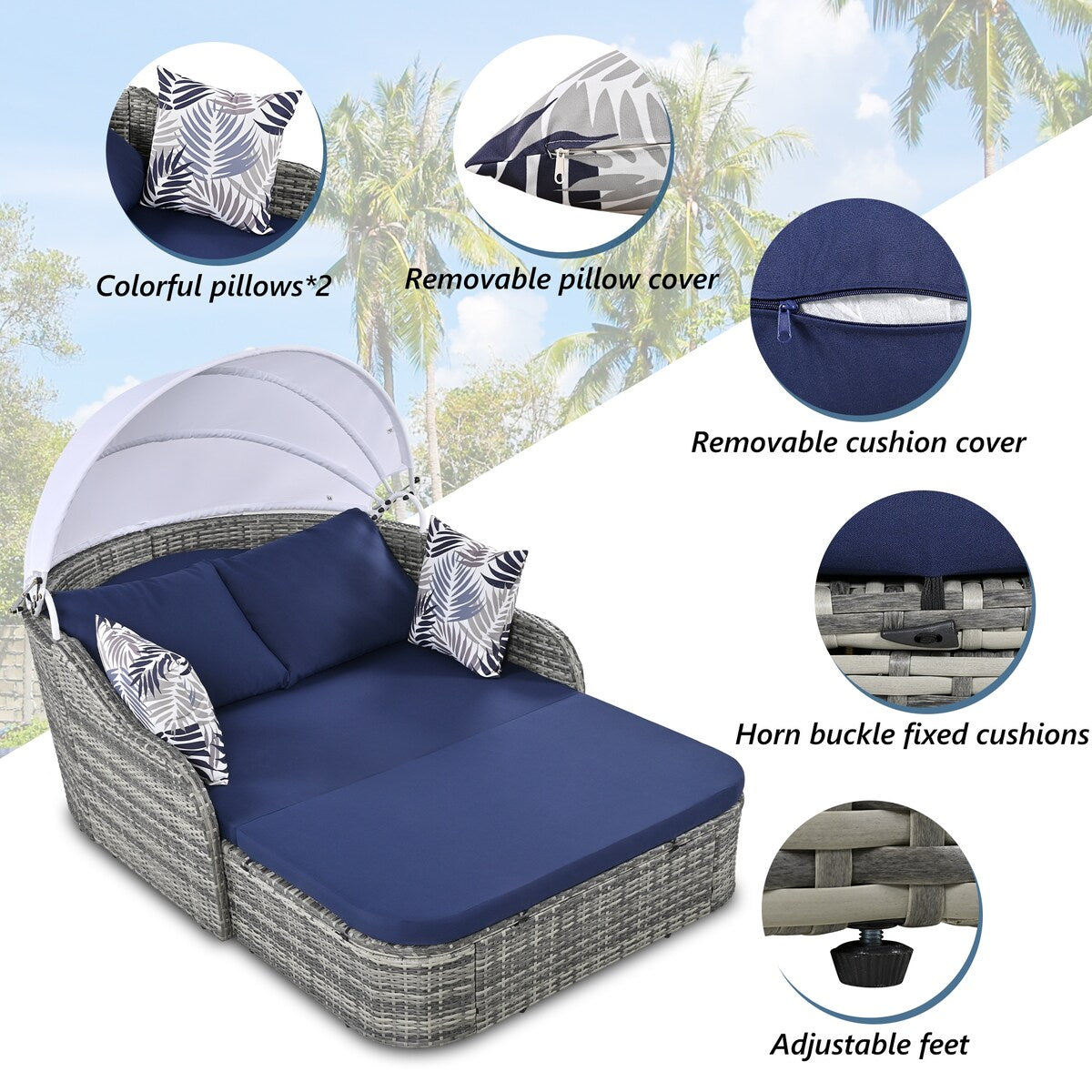 79.9" Outdoor Sunbed with Adjustable Canopy, Daybed With Pillows, Double lounge, PE Rattan Daybed, Gray Wicker and Blue Cushion