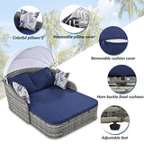 79.9" Outdoor Sunbed with Adjustable Canopy, Daybed With Pillows, Double lounge, PE Rattan Daybed, Gray Wicker and Blue Cushion