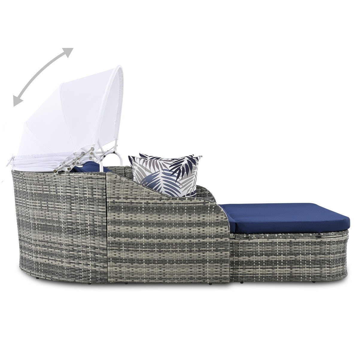 79.9" Outdoor Sunbed with Adjustable Canopy, Daybed With Pillows, Double lounge, PE Rattan Daybed, Gray Wicker and Blue Cushion