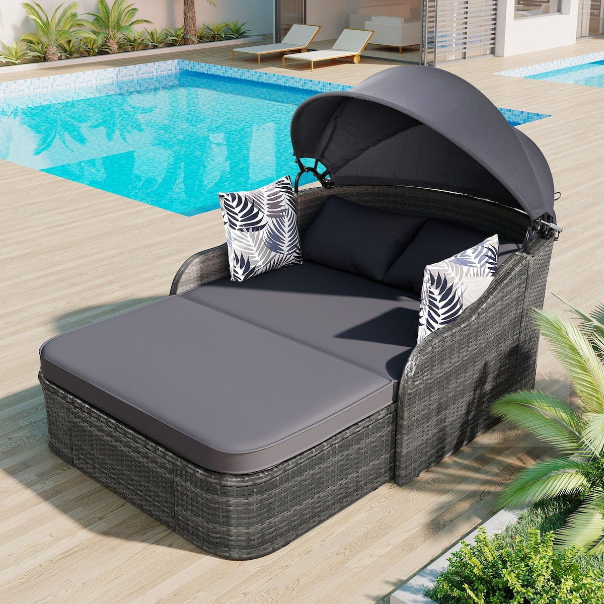 79.9" Outdoor Sunbed with Adjustable Canopy, Daybed With Pillows, PE Rattan Daybed, Wicker And Cushion