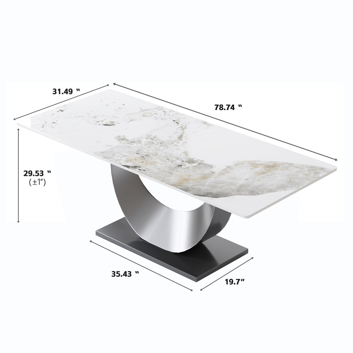 79" Marble Dining Table for 10, Modern Rectangle Kitchen Table with U Shape Pedestal Base