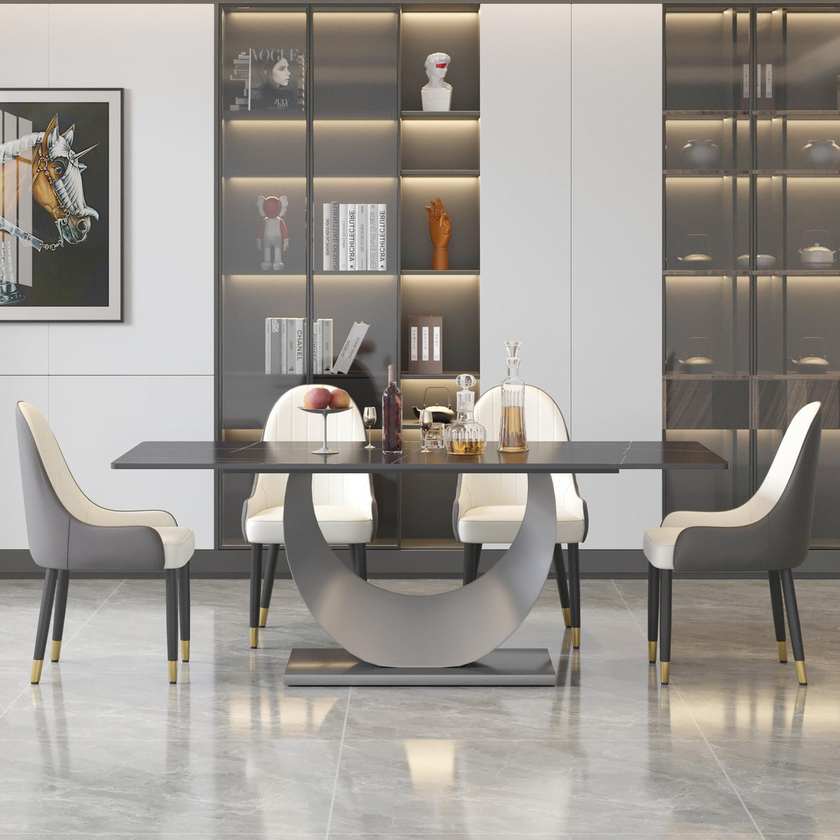 79" Marble Dining Table for 10, Modern Rectangle Kitchen Table with U Shape Pedestal Base