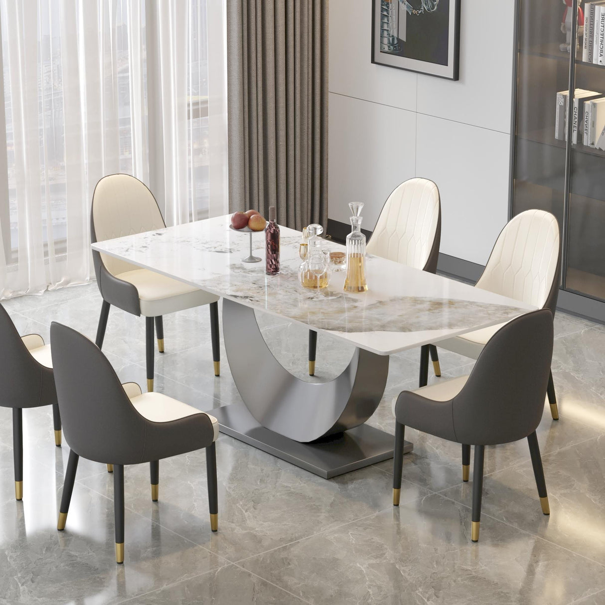 79" Marble Dining Table for 10, Modern Rectangle Kitchen Table with U Shape Pedestal Base