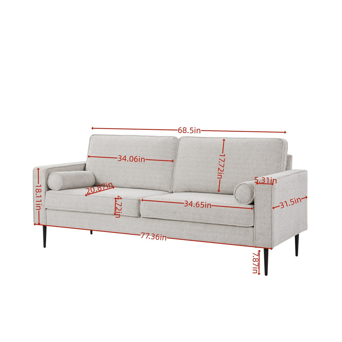 79"Mid-Century Modern Couch with high-tech Fabric Surface/ Upholstered Cushions/Pillows,Seat Sofas&Couches