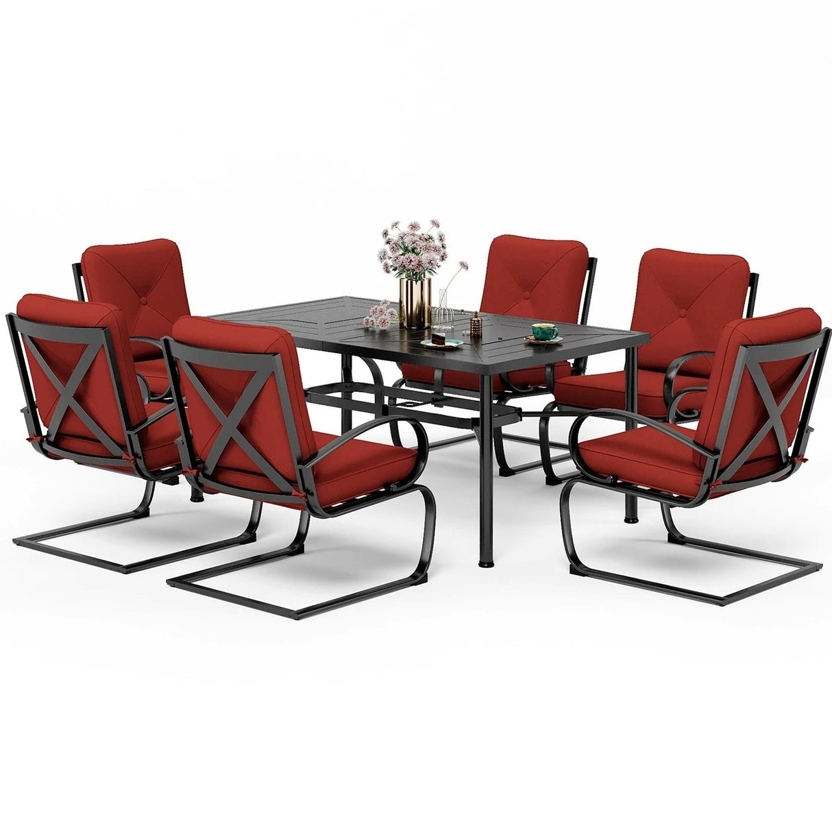 MAISON ARTS 7PCS Outdoor Patio Dining Set, 6 C-spring Chairs & 1 Rectangular Metal Table with Umbrella