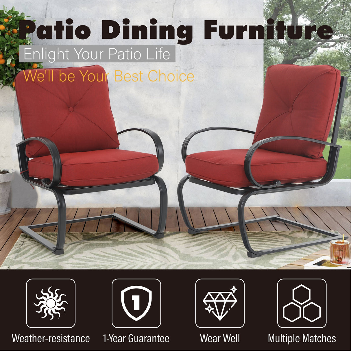 MAISON ARTS 7PCS Outdoor Patio Dining Set, 6 C-spring Chairs & 1 Rectangular Metal Table with Umbrella