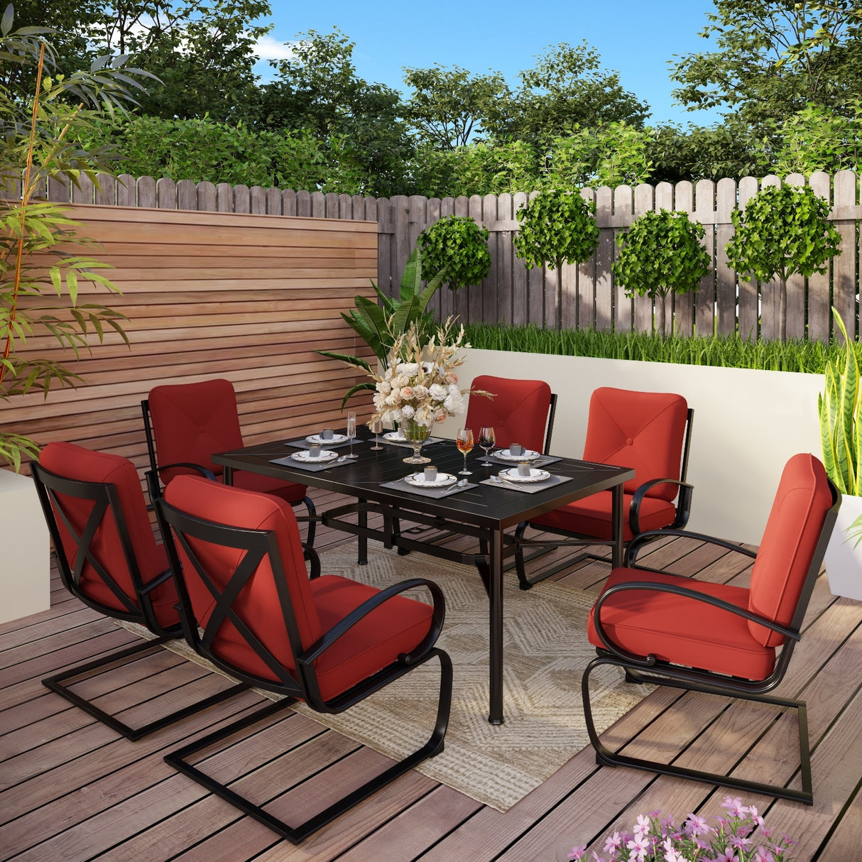 MAISON ARTS 7PCS Outdoor Patio Dining Set, 6 C-spring Chairs & 1 Rectangular Metal Table with Umbrella