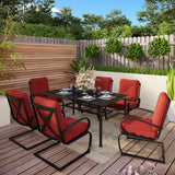MAISON ARTS 7PCS Outdoor Patio Dining Set, 6 C-spring Chairs & 1 Rectangular Metal Table with Umbrella