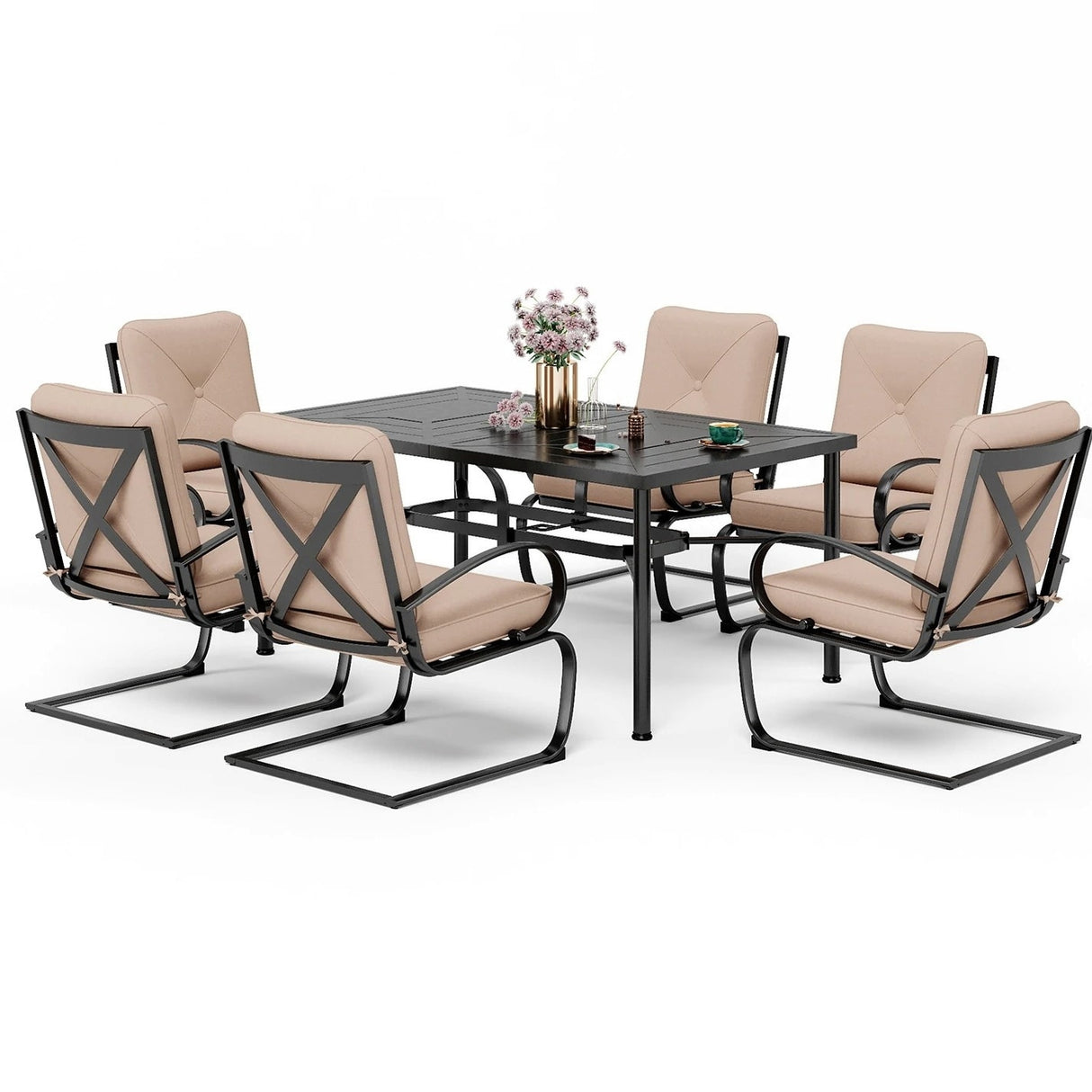 MAISON ARTS 7PCS Outdoor Patio Dining Set, 6 C-spring Chairs & 1 Rectangular Metal Table with Umbrella