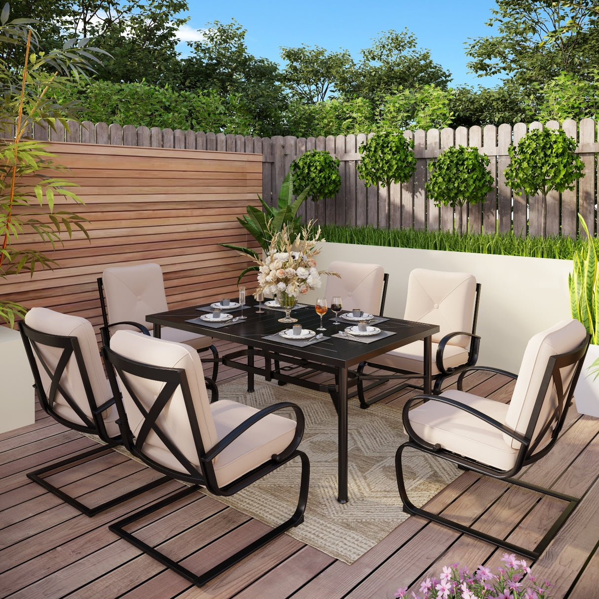 MAISON ARTS 7PCS Outdoor Patio Dining Set, 6 C-spring Chairs & 1 Rectangular Metal Table with Umbrella