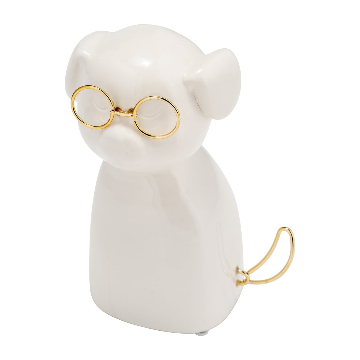 7" Ceramic Puppy with Glasses Figurine Contemporary White and Gold Dog Sculpture for Home or Office Table Decor Accent