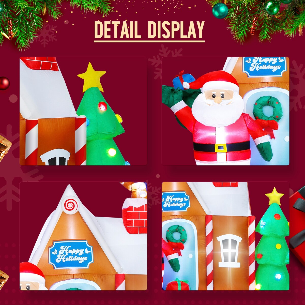 7ft Christmas Quick Air Blown Inflatable Decorations Gingerbread House with Santa Claus Blow Up Built-in LED - 79*40*84