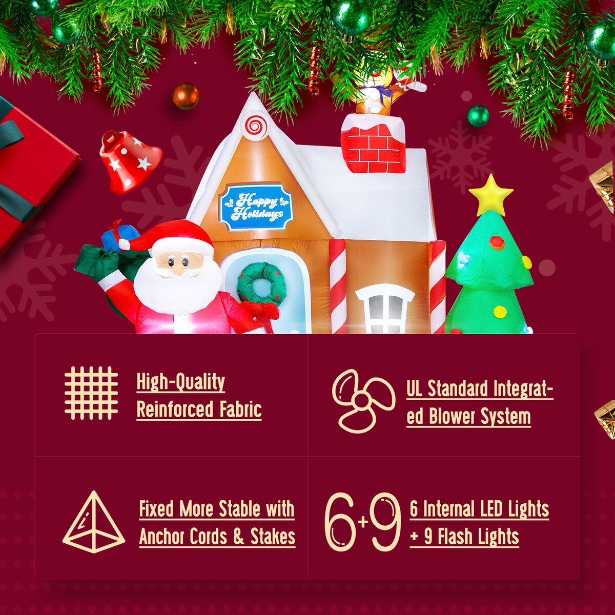 7ft Christmas Quick Air Blown Inflatable Decorations Gingerbread House with Santa Claus Blow Up Built-in LED - 79*40*84