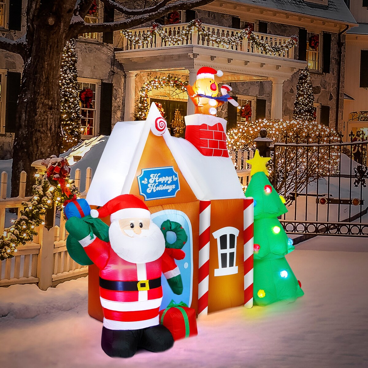 7ft Christmas Quick Air Blown Inflatable Decorations Gingerbread House with Santa Claus Blow Up Built-in LED - 79*40*84